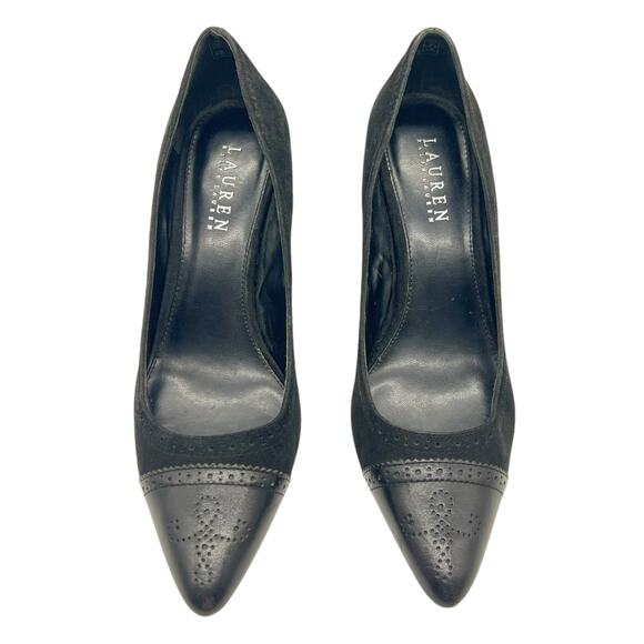 Lauren Ralph Lauren Pumps Black Suede Leather Wingtip Stiletto - Picture 1 of 9